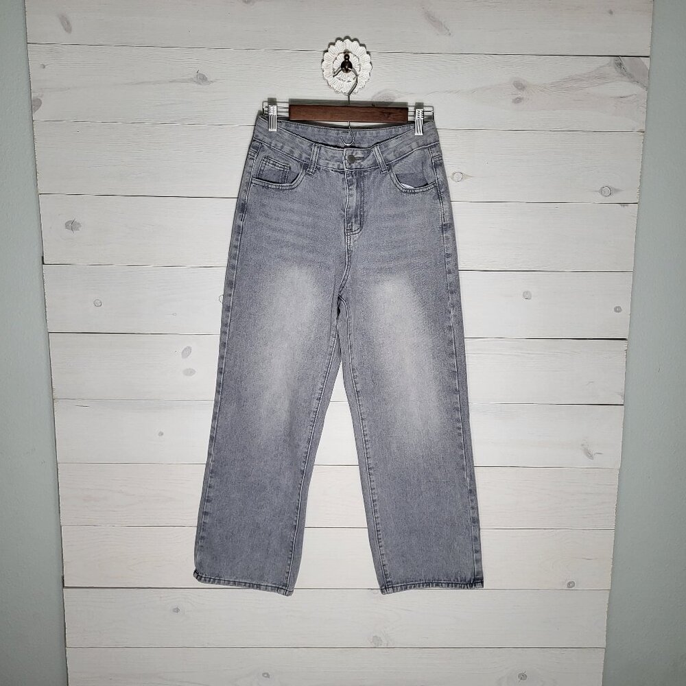 Dazy Gray Denim Jeans Distressed Wide Leg Cotton Blend.
